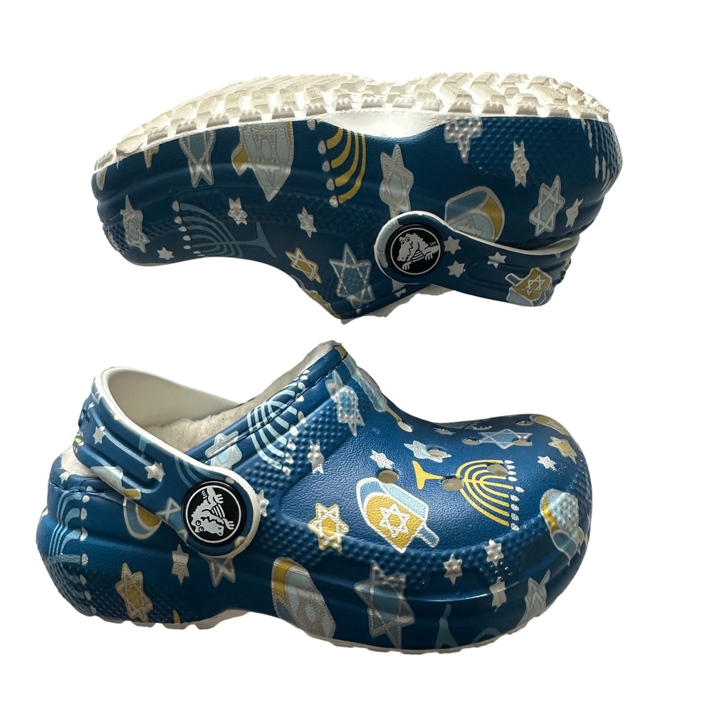 Crocs Kids Classic Lined Hanukkah Clogs Blue Menorah Dreidel Fleece Size C6